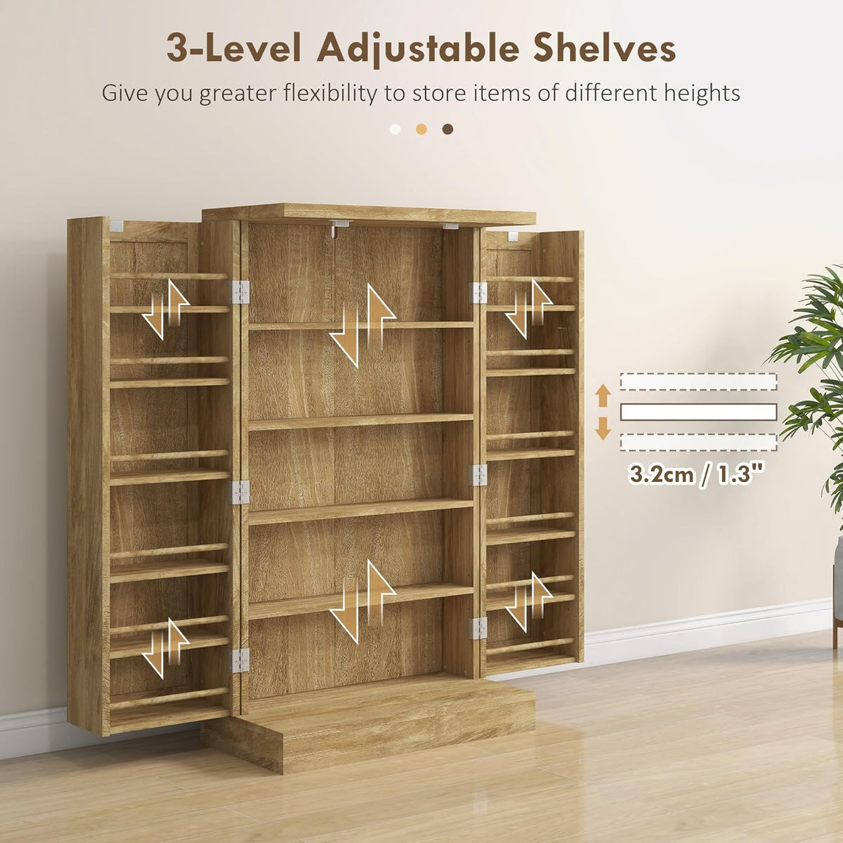 Majnesvon 41" Kitchen Pantry Cabinet,5-Tier Sideboard Buffet Cabinet with Adjustable Shelves & Doors,Freestanding Food Pantry Storage Cupboard for Small Spaces Dining Room (Natural)