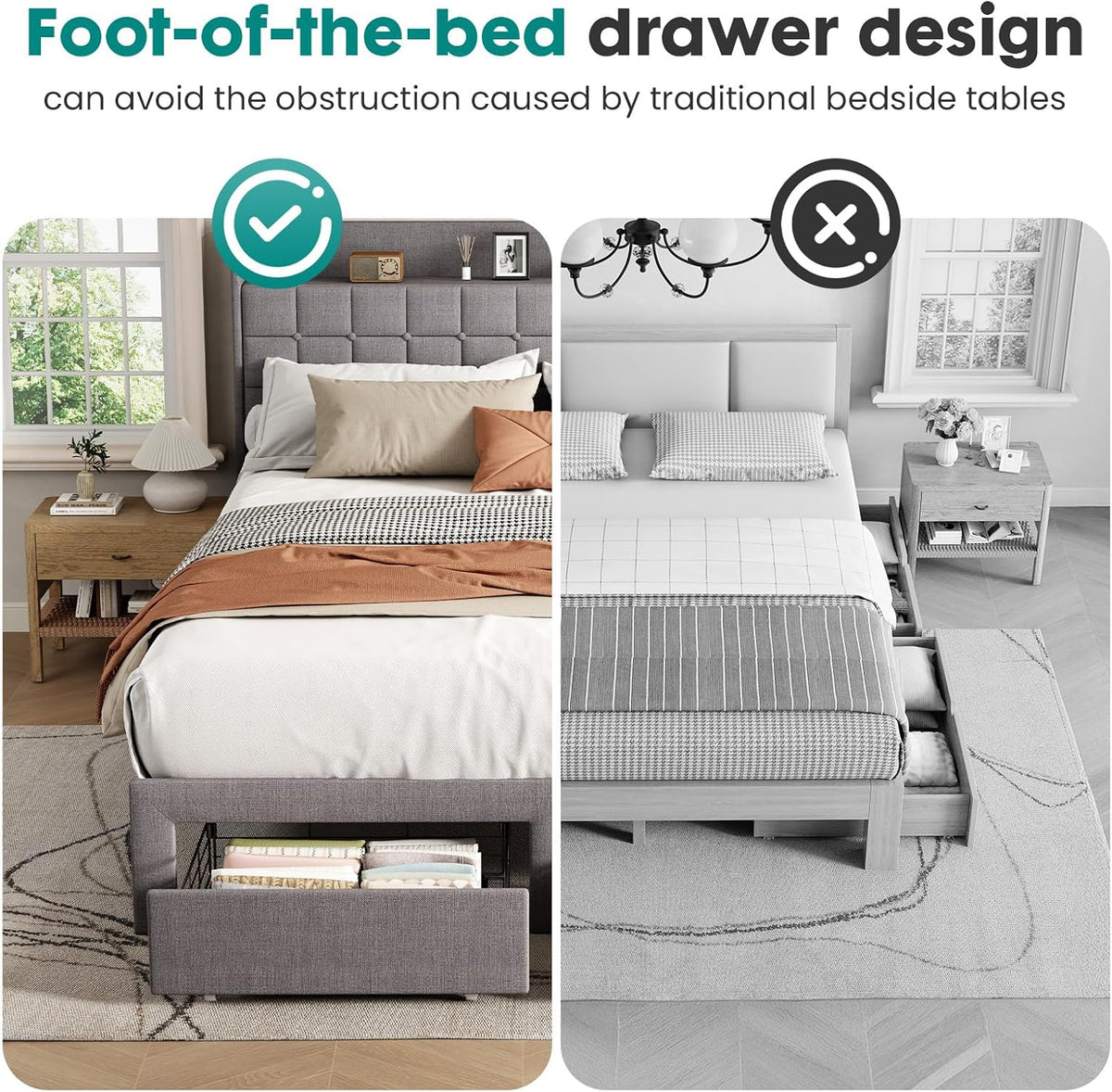 DUMOS Queen Bed Frame, Upholstered Platform Bed Frame with Storage Drawers