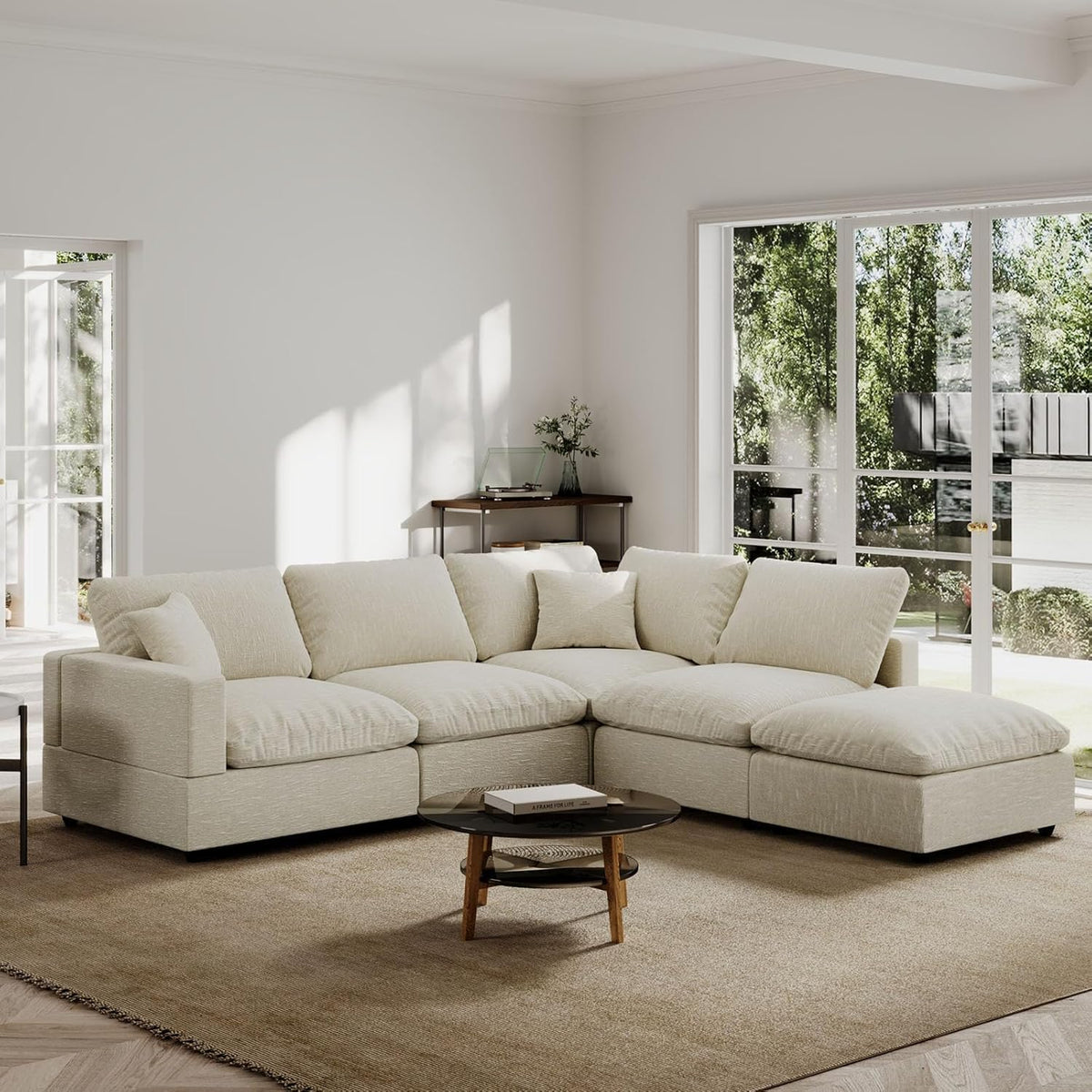5 Seat Modular Cloud Sofas,Modern Sectional Linen Couch for Living Room V-Shape Sofas,Couches Cushion Covers Removable,Cozy Feather Down Sofa for Apartment Beige