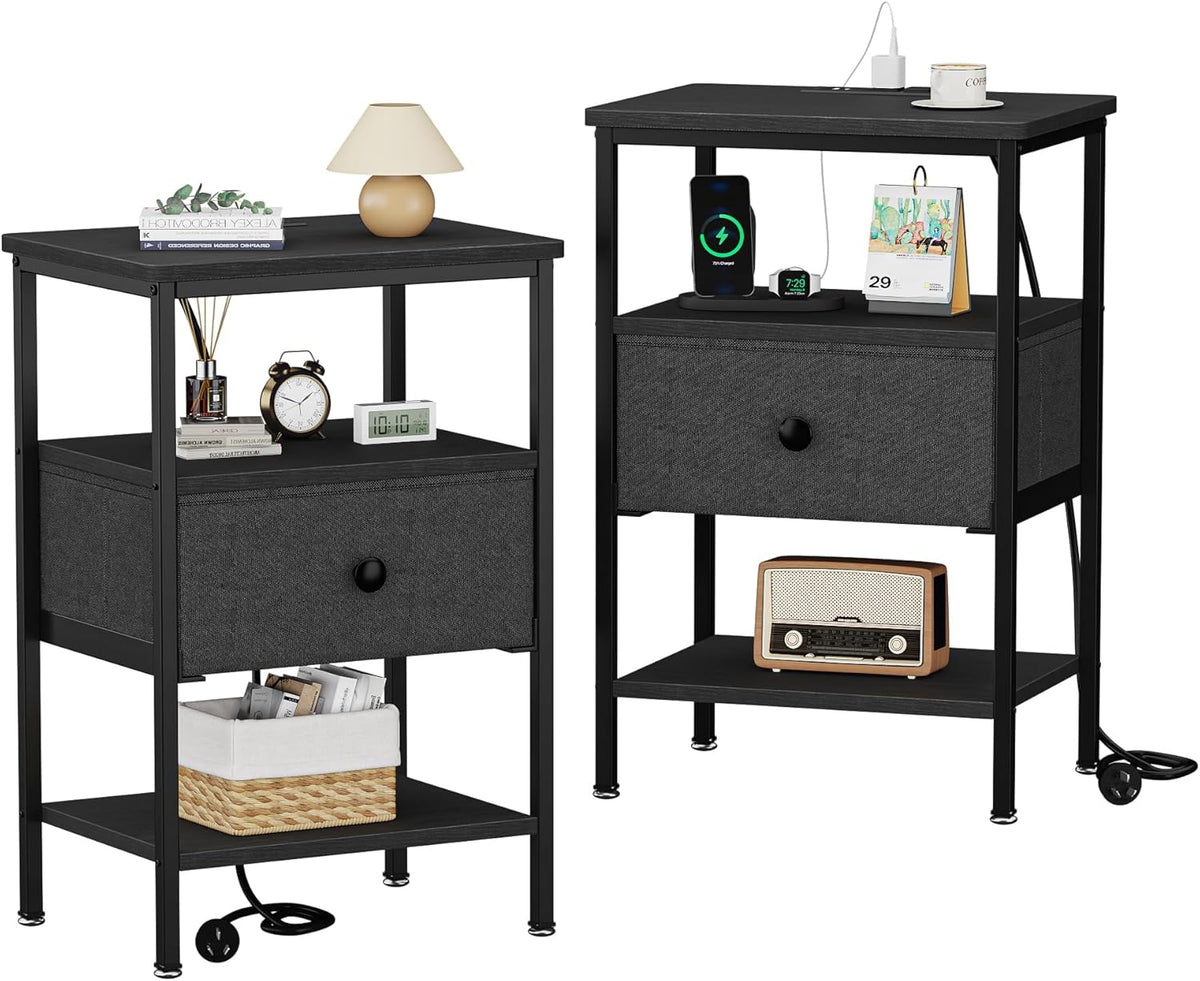 VECELO Nightstands with Charging Station Set of 2,Bedside Tables with Storage Shelf&Fabric Drawer,End Tables for Bedroom,Living Room,Small Spaces,Black