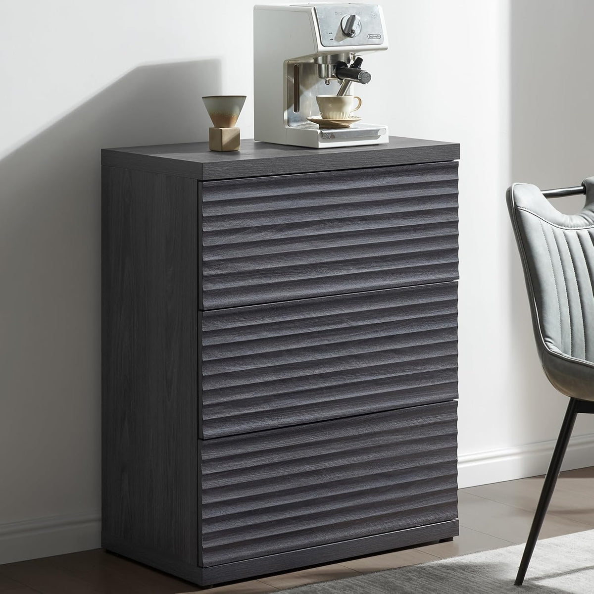 SICOTAS Fluted Buffet Cabinet with Storage, 3-Drawer Sideboard Cabinet, Modern Mid-Century Coffee Bar Cabinet for Living Room, Entryway, Kitchen