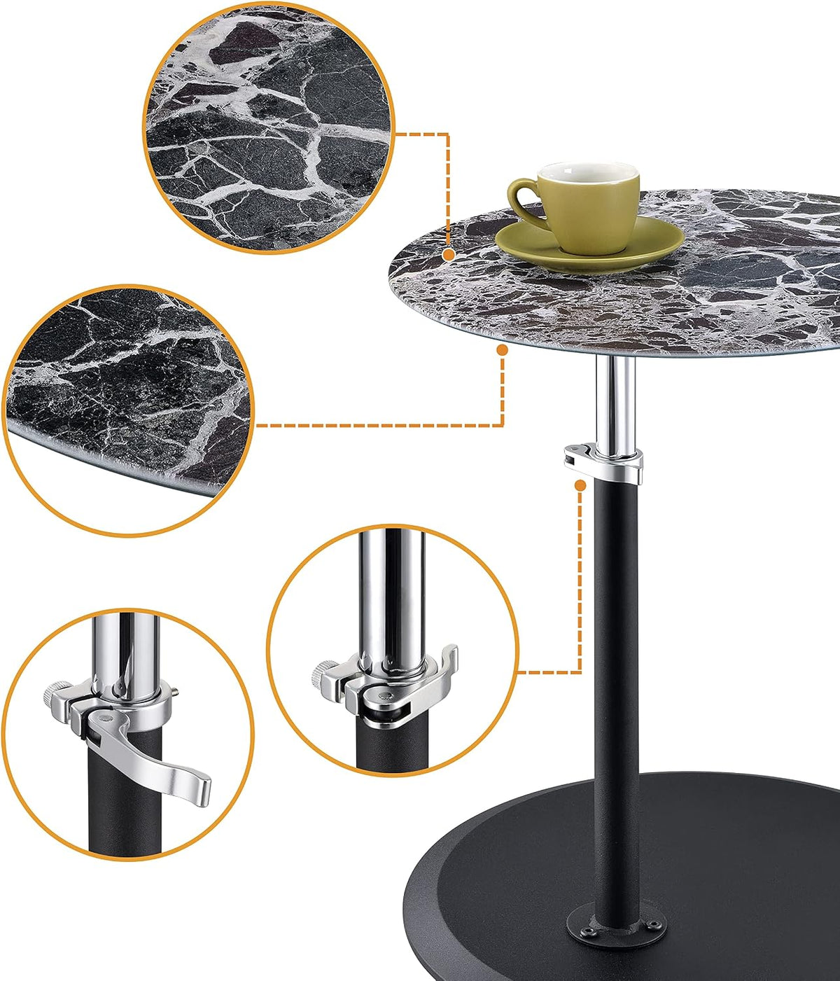 Small Drink Table,Height Adjustable Pedestal Table, Martini Tables, Side End Tables with Round Marble Top,Increase Size and Weighted Base for Small Spaces Living Room,Bedroom - Black