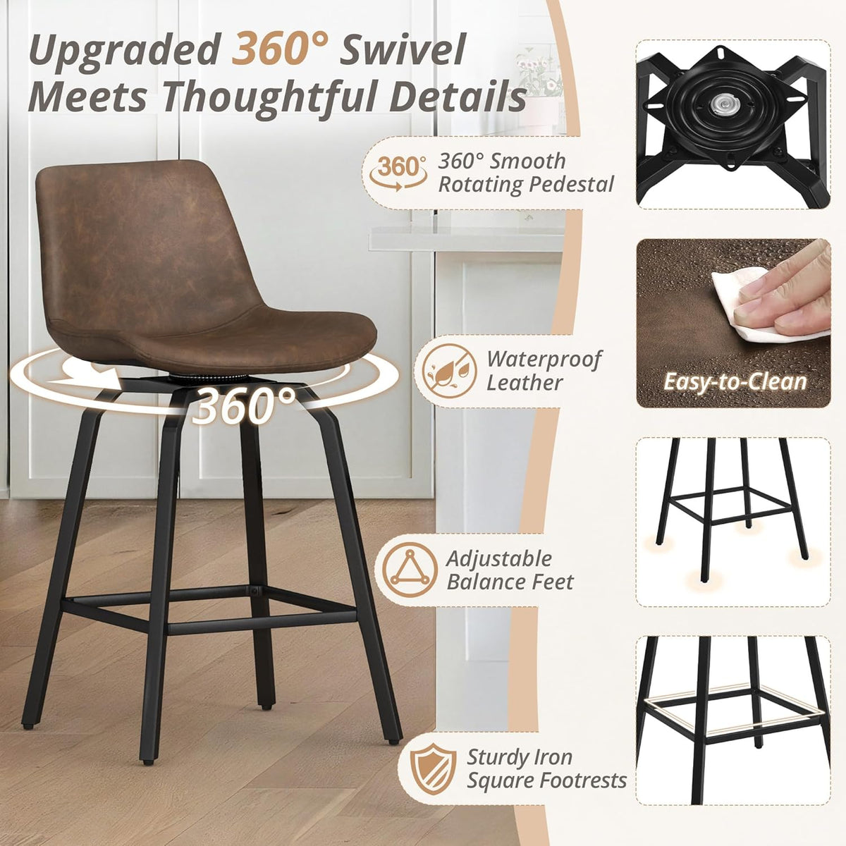 LUE BONA 360° Swivel Bar Stools Set of 3, 26 Inch Counter Height Bar Stools, Modern Faux Leather Stools with Enlarged Seats, Metal Legs for Kitchen Island, Dining, Vintage Brown
