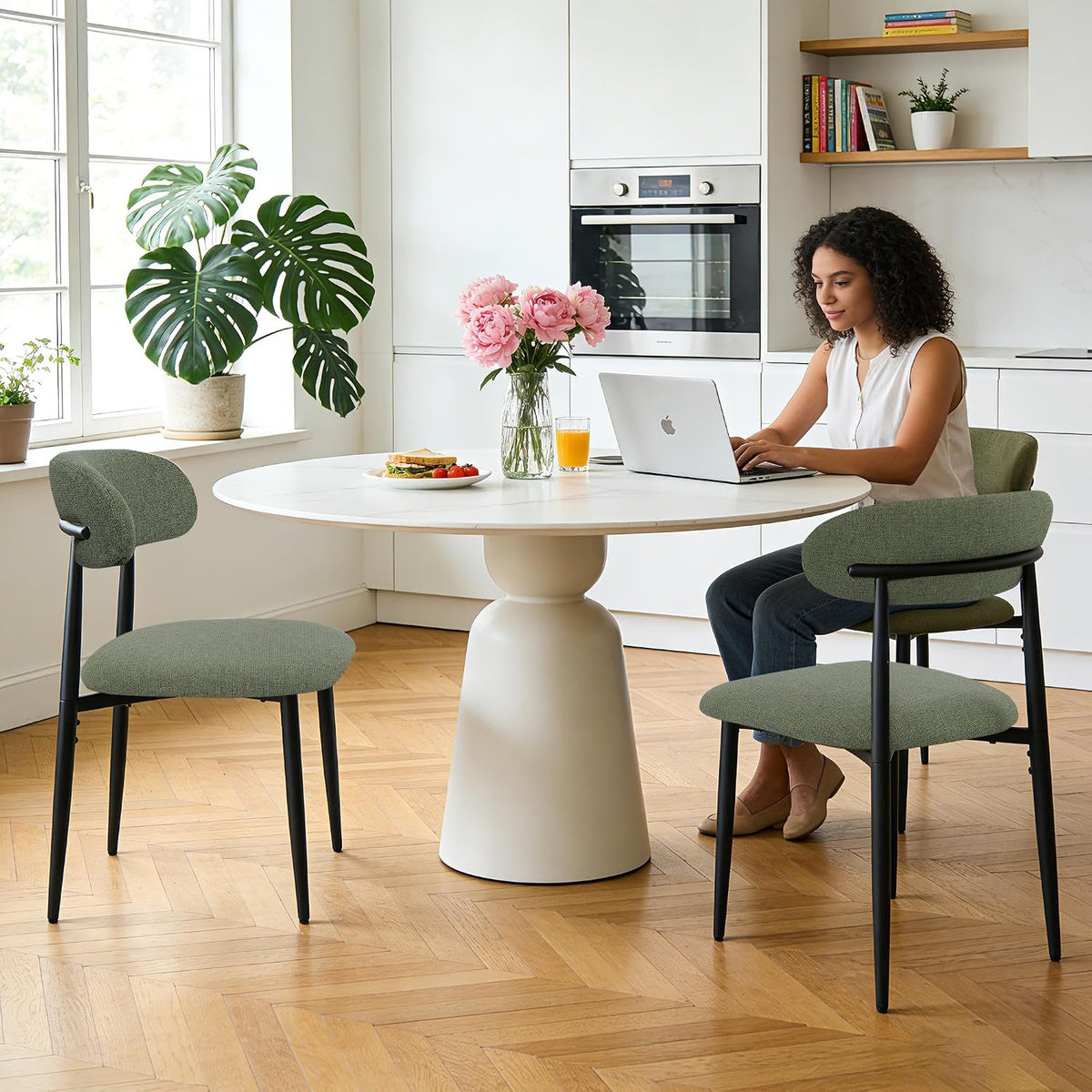 FREKEN Modern Upholstered Dining Chairs Set of 4, Mid-Century Metal Frame Linen Fabric Side Chair for Kitchen Dining Room, 350lbs Capacity, Green