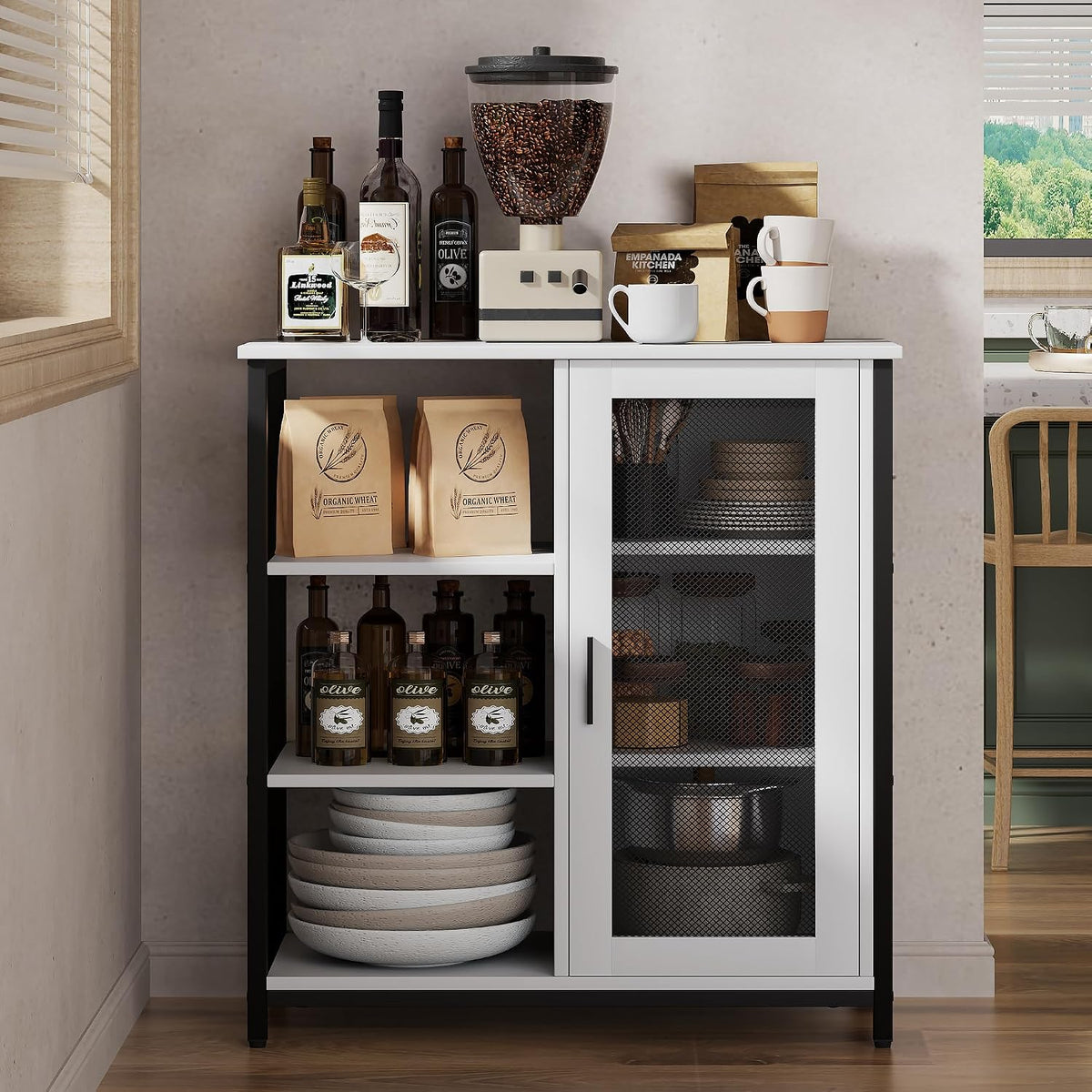 LVSOMT Coffee Bar Cabinet with Adjustable Shelves and Door, Rustic White | 27.5'' Small Coffee Station with Table, Mini Sideboard Buffet, Iron Wood Frame, 3-Tier, for Tea, Dishes, Snacks, Home Kitchen