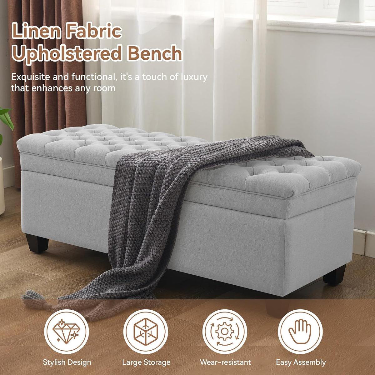 WUTUTUEE 51" Fabric Storage Ottoman Bench, Upholstered Rectangle End of Bed Storage Ottoman Tufted Living Room Bedroom Bench with Safety Hinge, Solid Wood Legs, Loads 500 lb(Light Grey)
