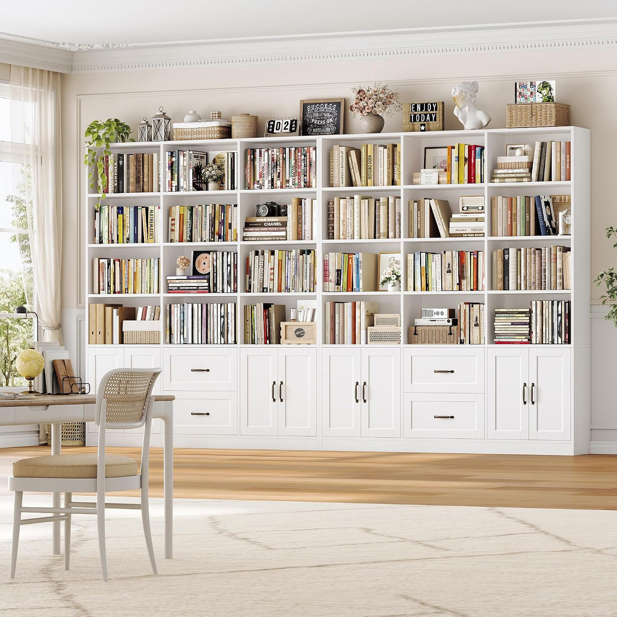 HOSTACK 71" Tall Triple Wide Bookshelf with Storage Drawers & Doors, White