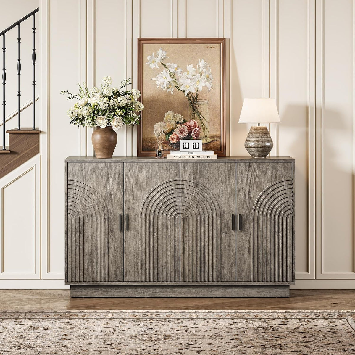 Fluted Sideboard Buffet Cabinet with Storage - 57" Credenza Coffee Bar Cabinet with 4 Doors, Accent Kitchen Storage Cabinets with Adjustable Shelves for Living & Kitchen, Entryway, Modern