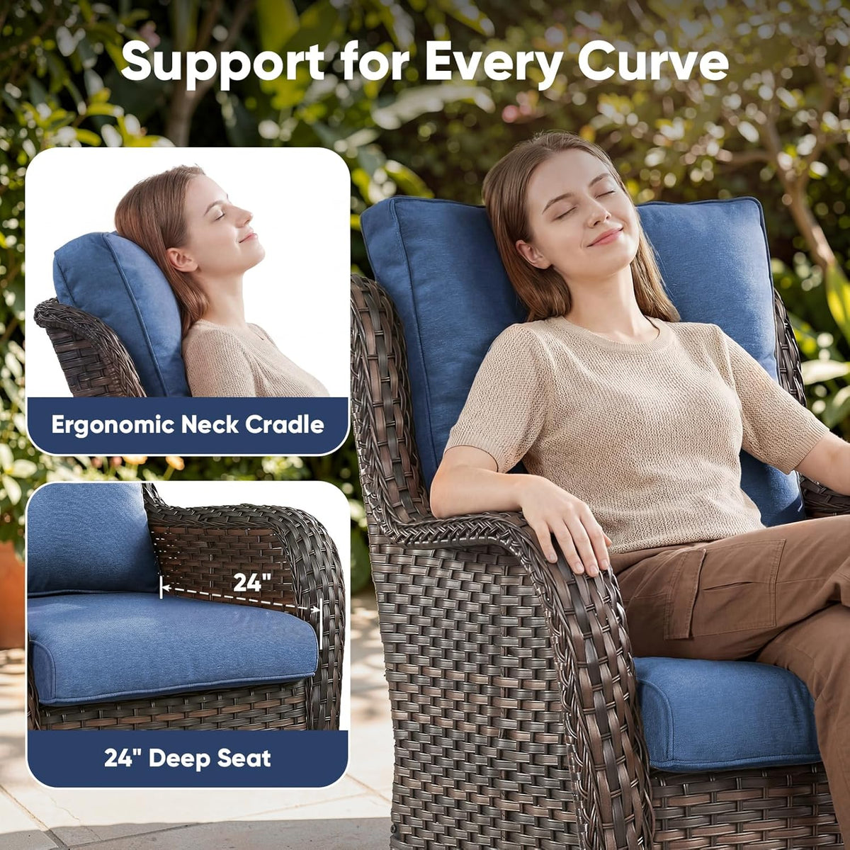 Belord Outdoor Swivel Chairs Set of 2,Patio Wicker Rocker Chairs,All Weather Patio Conversation Furniture Set, Ideal for Porch Balcony Deck Yard, Brown Wicker/Blue