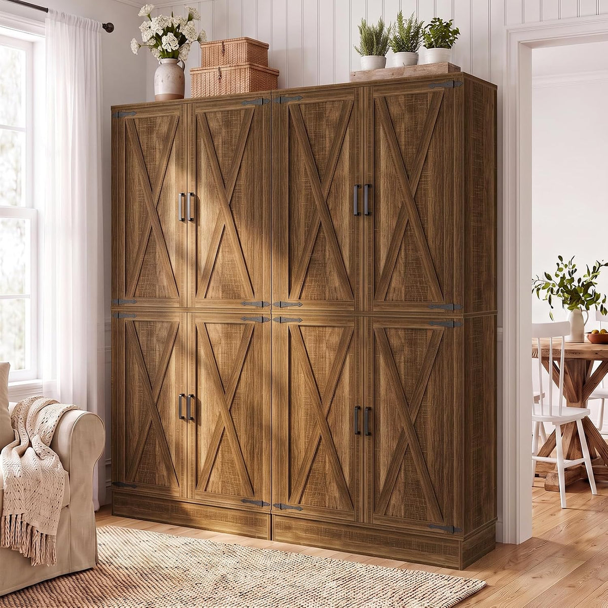 Unikito 71" Tall Kitchen Pantry Storage Cabinet with Built-in Drawer | 31.5" Wide Wood Farmhouse Storage Cabinet with Barn Doors and 3 Shelves, for Home Kitchen,Dining/Living/Laundry/Room