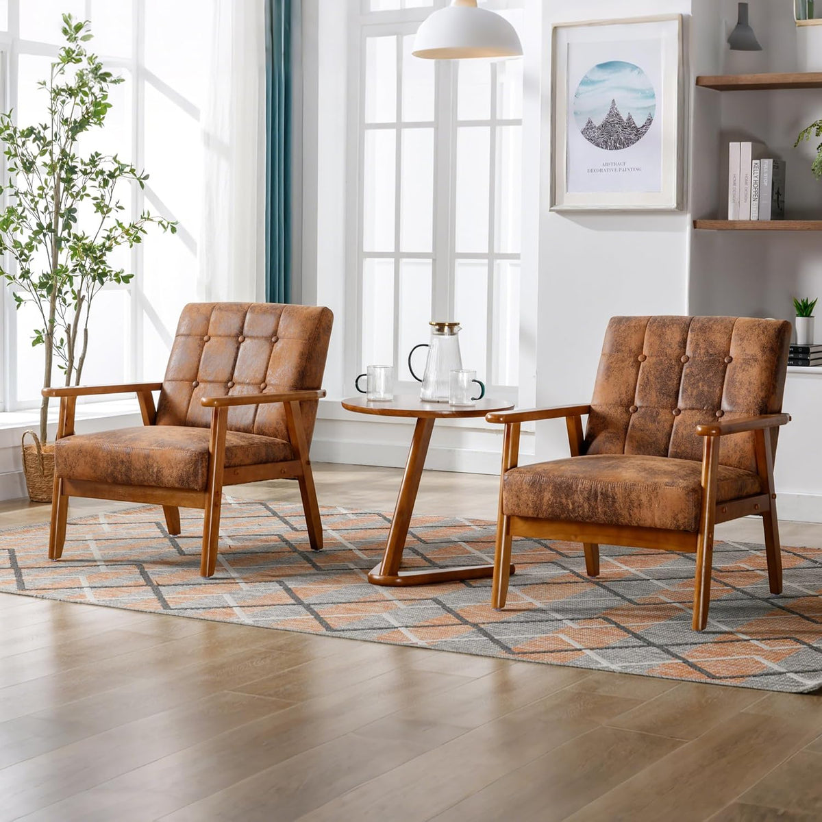 Accent Chair Set of 2, Mid-Century Modern Technical Fabric Armchair with Solid Wood Armrests, Button-Tufted Comfortable Cushioned Reading Chairs for Living Room, Bedroom (Coffee)