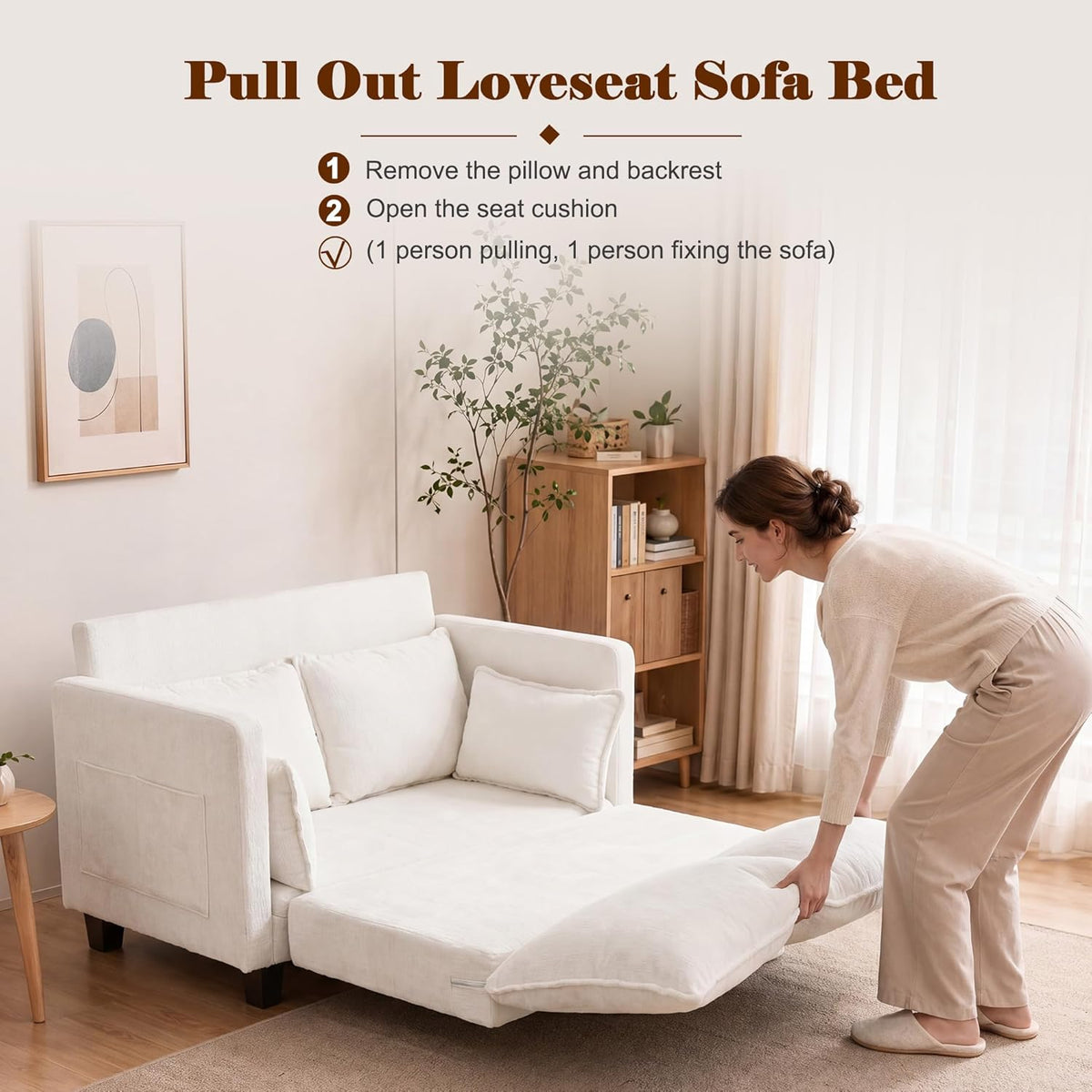 49" Loveseat Sofa Bed, 2 in 1 Convertible Sofa Bed Small Pull Out Couch Bed Chenille 2 Seat Sofa 85" Sleeper Futon Mattress for Small Spaces Living Room Bedroom Apartment Office 8836-BEIGE