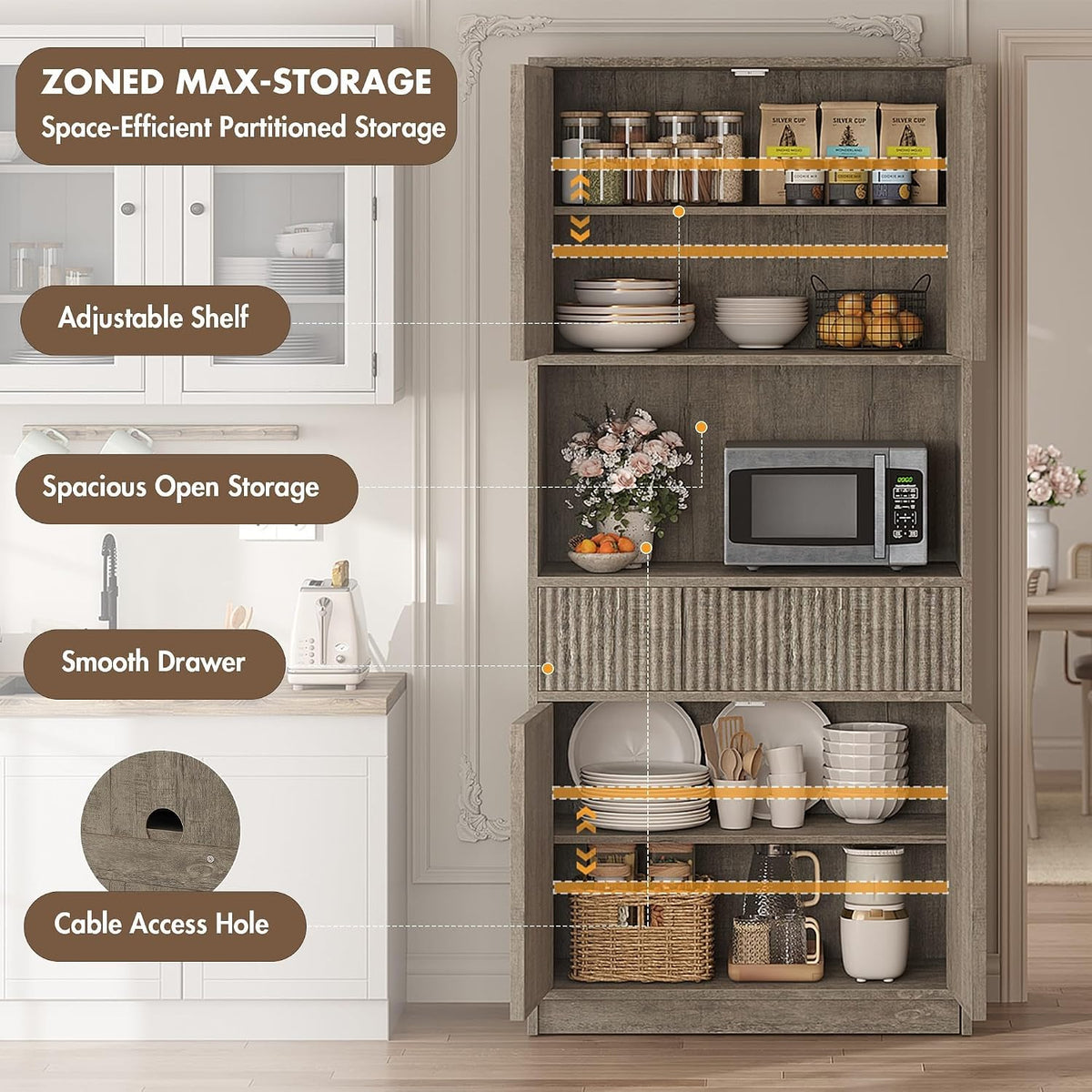 IDEALHOUSE Tall Storage Cabinet, 70" Kitchen Pantry Cabinet with Doors, Fluted Kitchen Hutch Cupboard with Microwave Shelf & Drawer, Freestanding Cupboard for Dining Room, Living Room, Gray