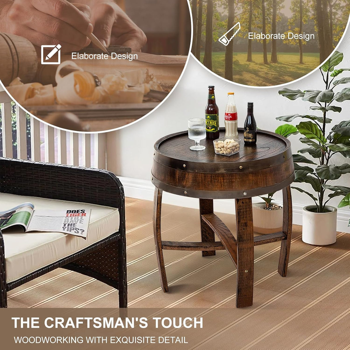 Whiskey Barrel End Table,Round Wood Wine Barrel Side Table Outdoor,Rustic Wine Barrel Bourbon Barrel Coffee Table for Small Spaces,Oak Barrel Decor Furniture for Living Room Bedroom