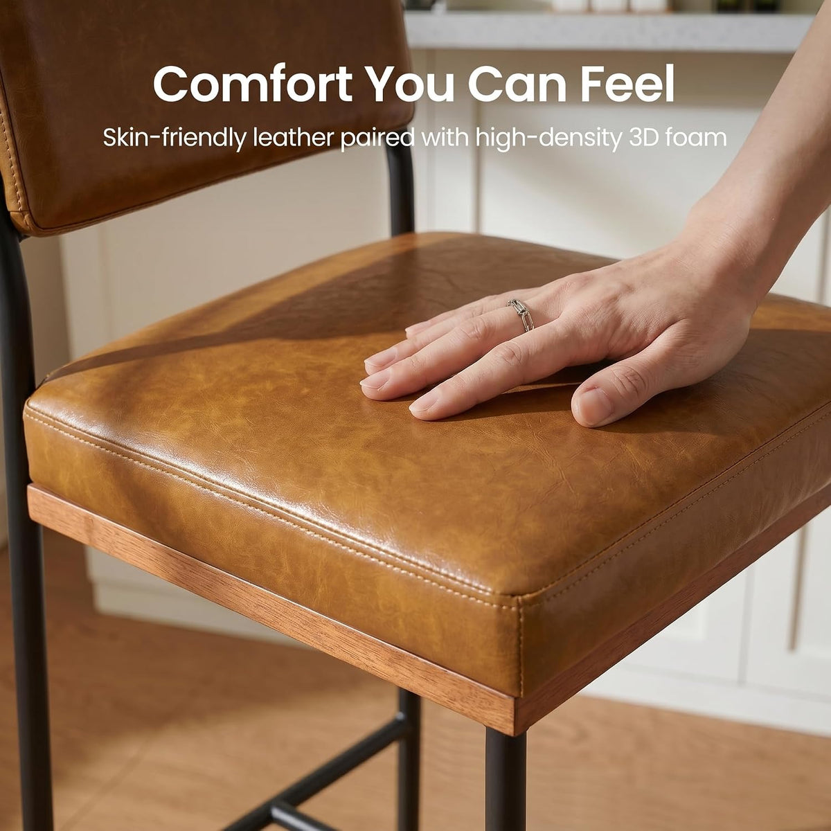 Faux Leather Bar Stools Set of 2,26 Inch Modern Counter Height Bar Stools for Kitchen Island,Counter Stools with Wide Back Sturdy Metal Legs,Brown