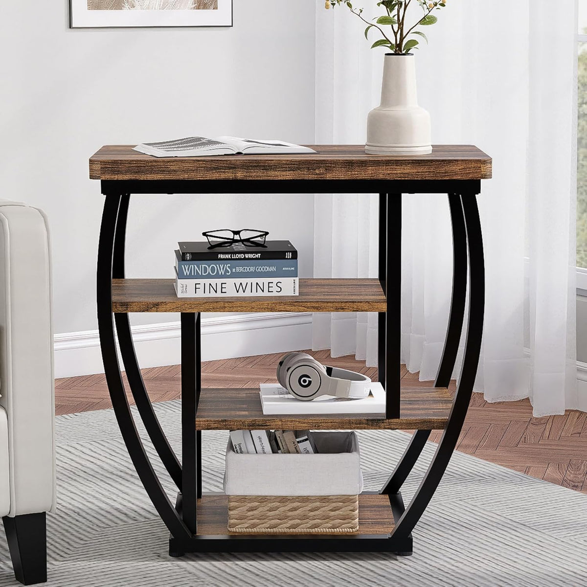 4-Tier End Table with Storage, Narrow Side Table for Living Room, Wood Sofa Side Table with Metal Frame, Industrial Bedside Table and Nightstand for Bedroom, Rustic Brown