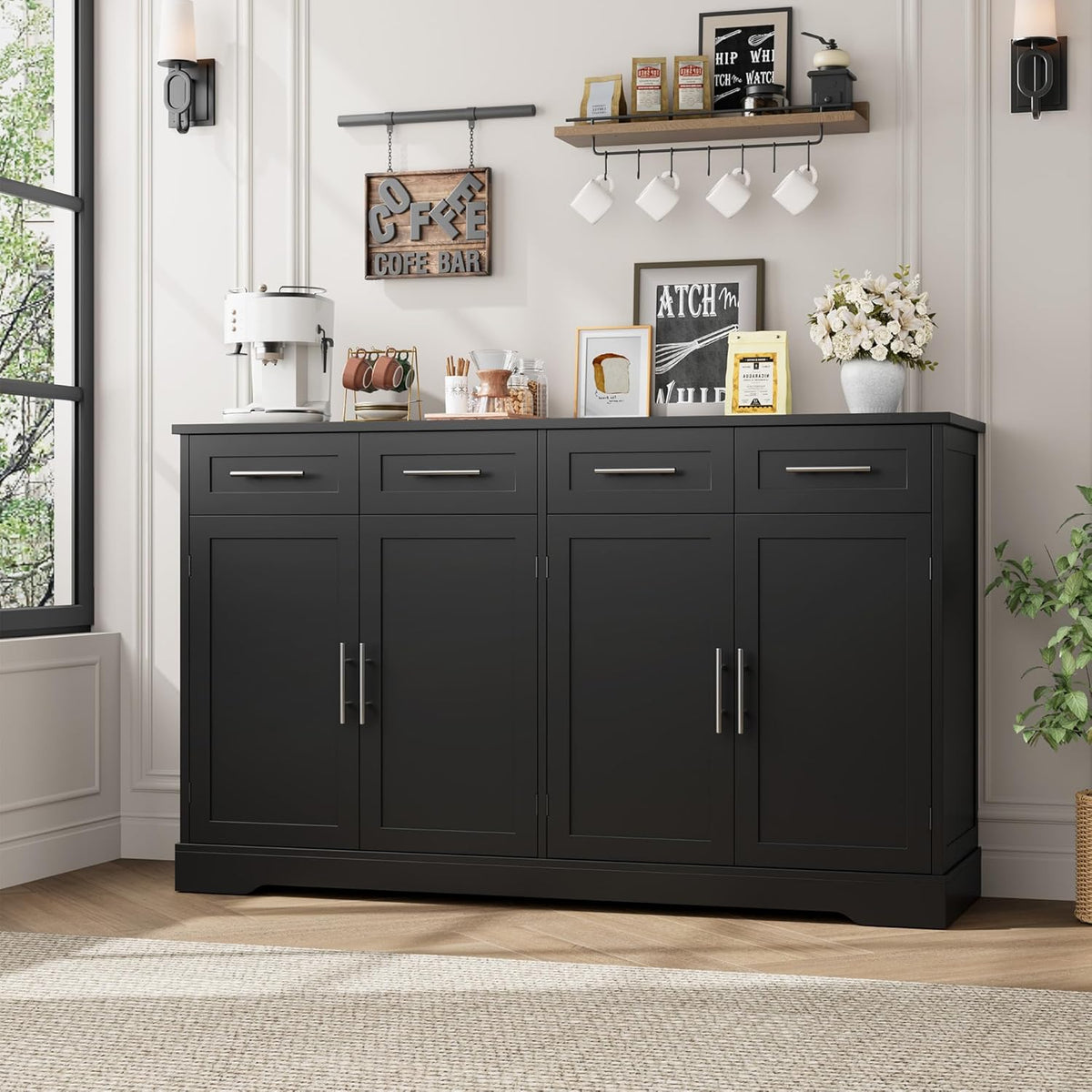 HOSTACK 60" W Sideboard Buffet Cabinet with Storage, Kitchen Cabinet, Black