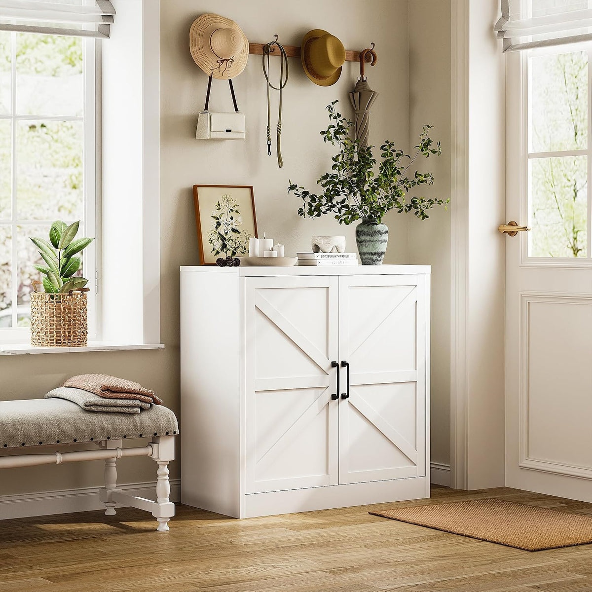 36" Metal Storage Cabinet, Farmhouse Kitchen Storage Cabinet with Doors and 2 Adjustable Shelves, Sideboard Buffet Cabinet,Short Storage Cabinets for Dining/Bathroom/Living/Room,Entryway, White