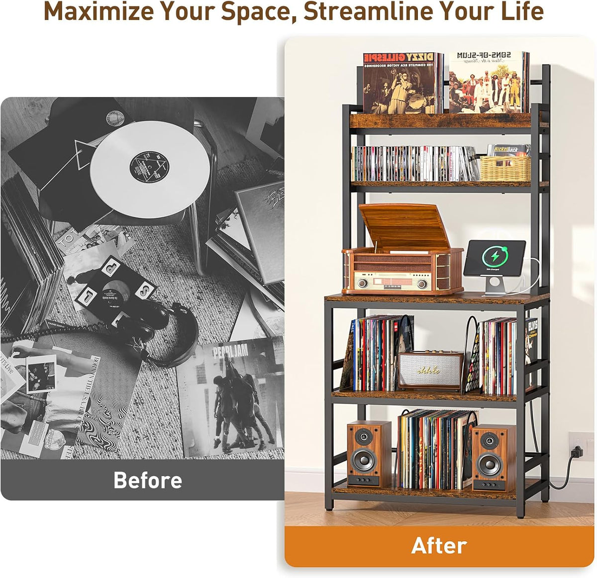 Large Record Player Stand with Vinyl Storage Shelf, Holds Up 500+ Albums | 5-Tier Record Player Table Turntable Stand with Charging Station & CD/DVD Rack, Vinyl Record Storage for Living Room Bedroom