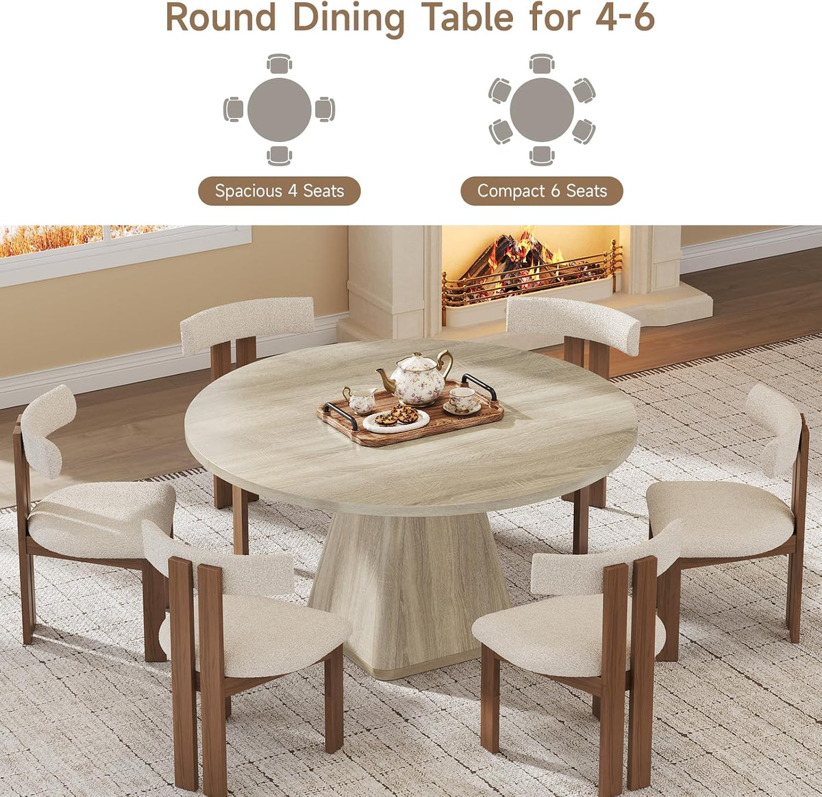 ONBRILL 47 Inch Round Dining Table for 4-6,Square Pedestal Base,Oak | Circle Kitchen Table with Thickened Tabletop, Modern Dining Room Tables, Dinner Tables for Kitchen Small Space (Table Only)