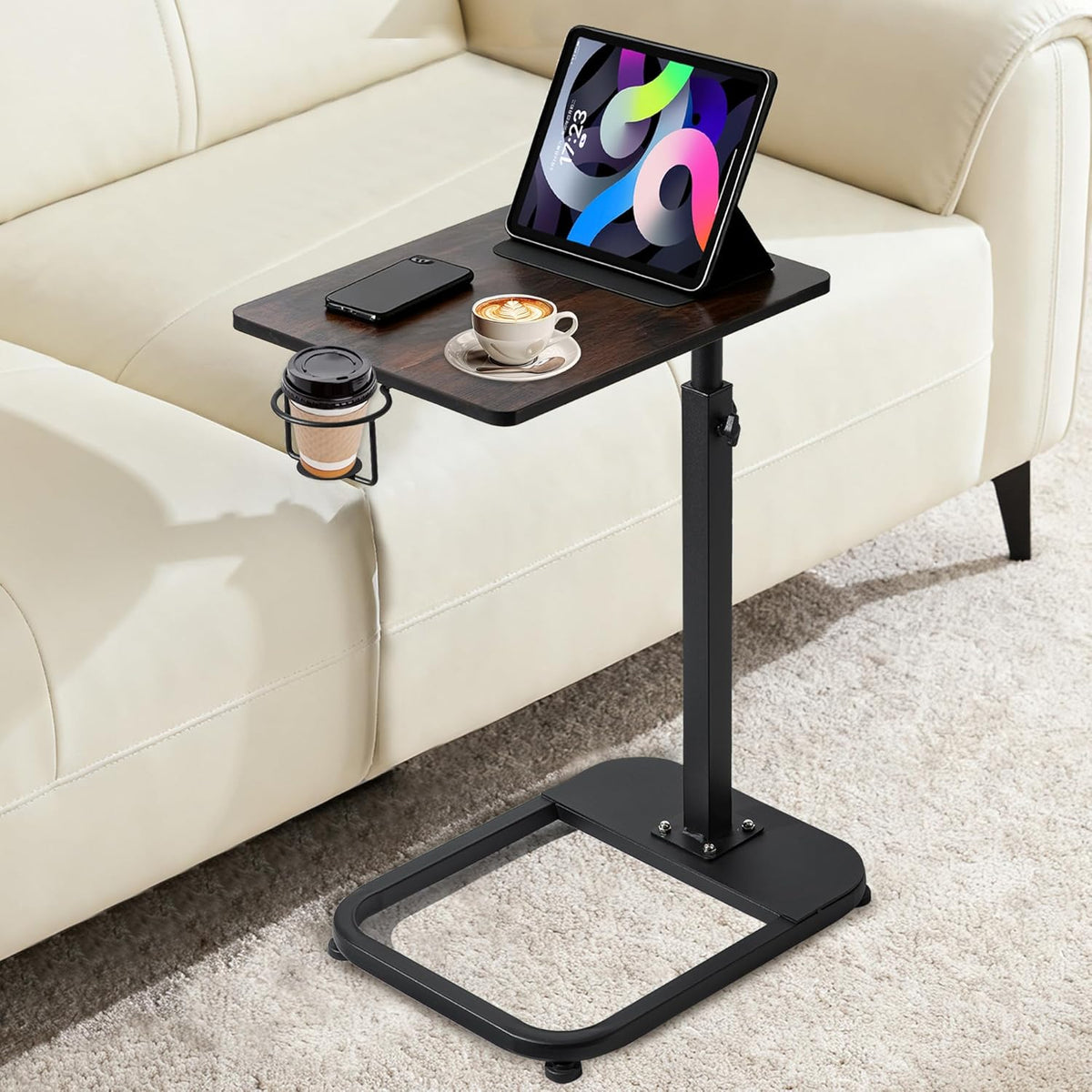 facka Adjustable TV Tray Table with Rounded Metal Corners, C-Shaped Snack Table for Couch, Sofa, Bed or Chair, Small Space Side Table for Eating, Dinner, or Laptop Use