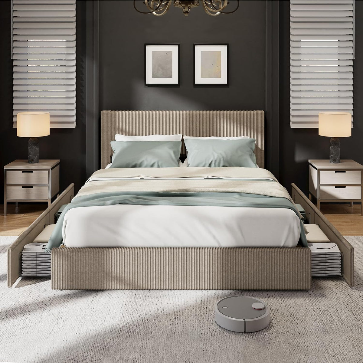 IDEALHOUSE Upholstered Queen Bed Frame with 4 Storage Drawers, Brown