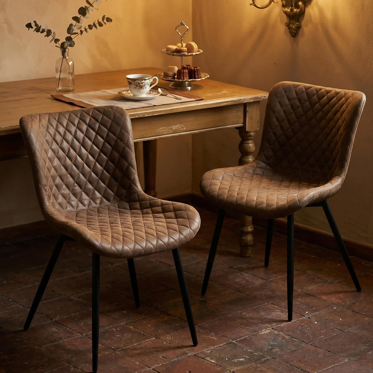 Modern Dining Chairs Set of 2, Upholstered Suede Dining Chairs with Curved Back & Thick Cushion Seat, Mid Century Armless Kitchen & Dining Room Chairs with Black Metal Legs, Brown