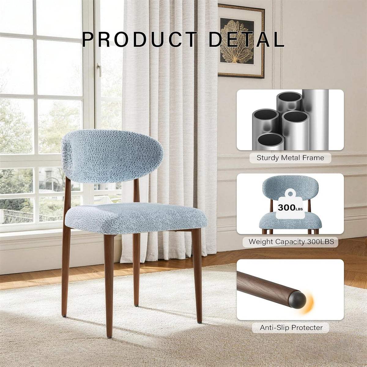 300LBS Dining Chairs Set of 2,Metal Kitchen Chairs,Modern Chenille Upholstered Dining Room Chairs with Ergonomic Curved Backrest for Kitchen Dining Room,Deep Blue-Gray