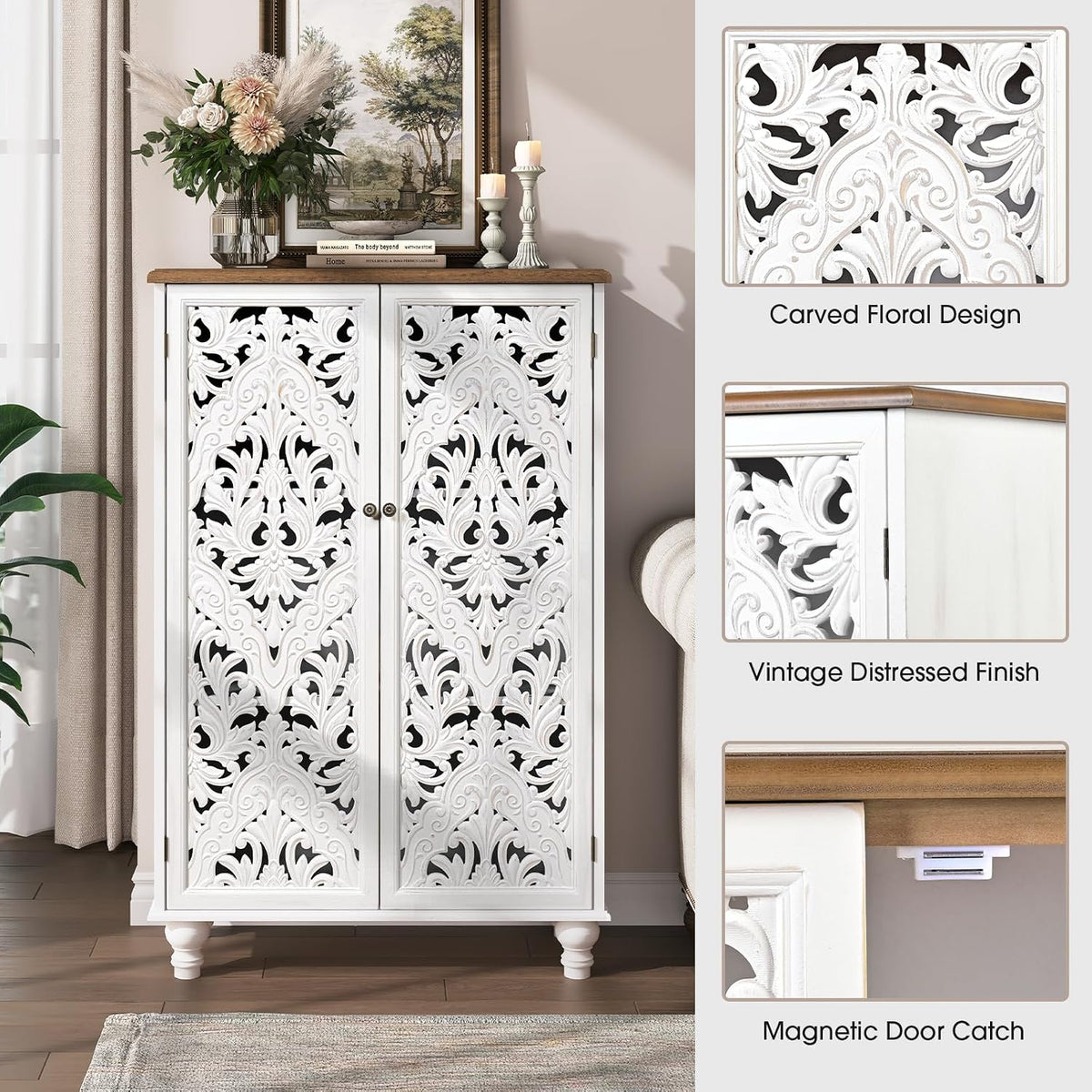 JOINICE 47" Tall Accent Cabinet with Carved Doors & Storage for Living Room | Vertical Storage, Carved Floral Design, Mandala White Buffet, Boho/Farmhouse/Rustic Style, Adjustable Shelves, Easy Assembly