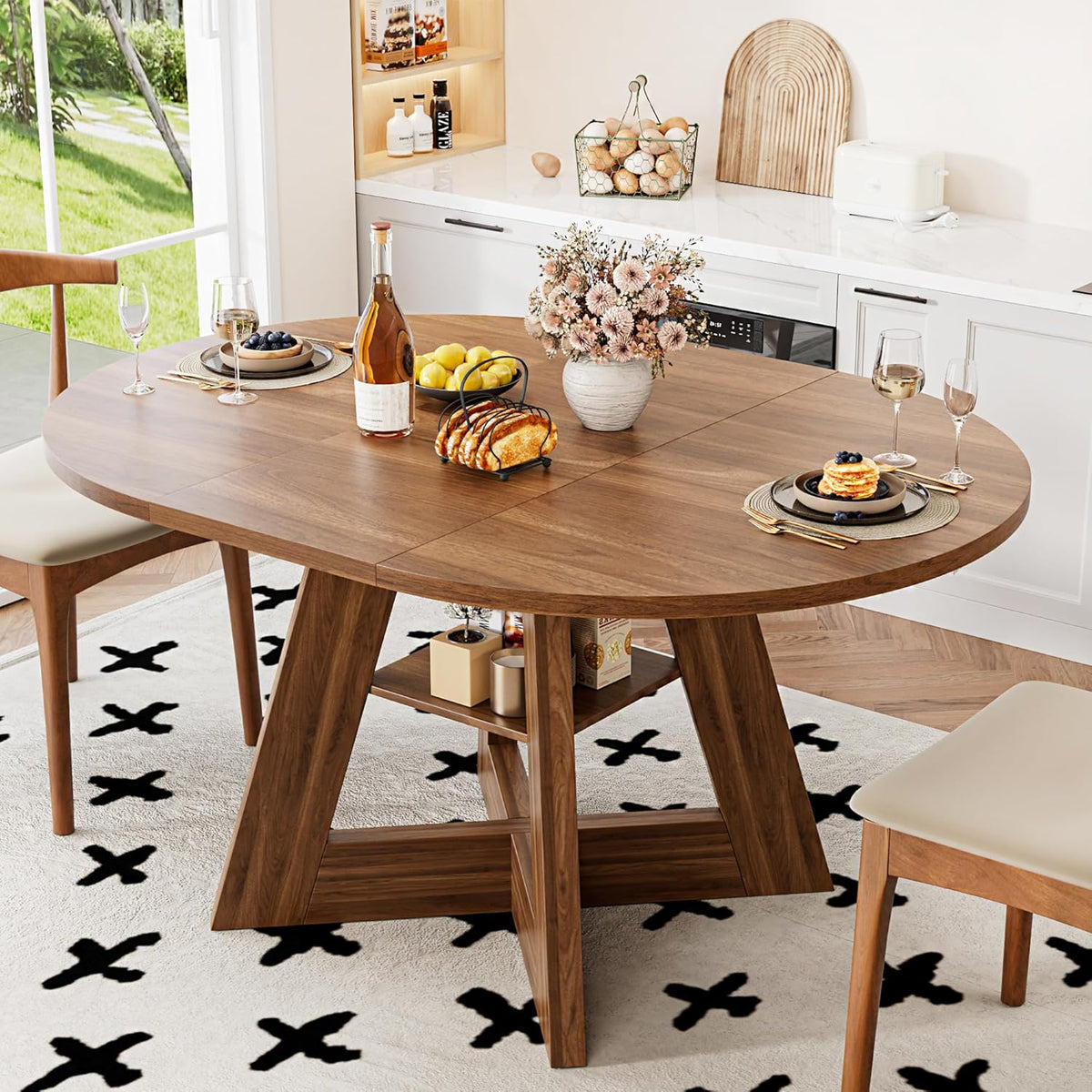 43.3in-59in Extendable Dining Table for 4-6, Round Kitchen Dining Room Table with Removable Leaves Space Saving, Space Saving, Wooden Cross Base with Storage Shelf for Kitchen Living Room (Walnut)