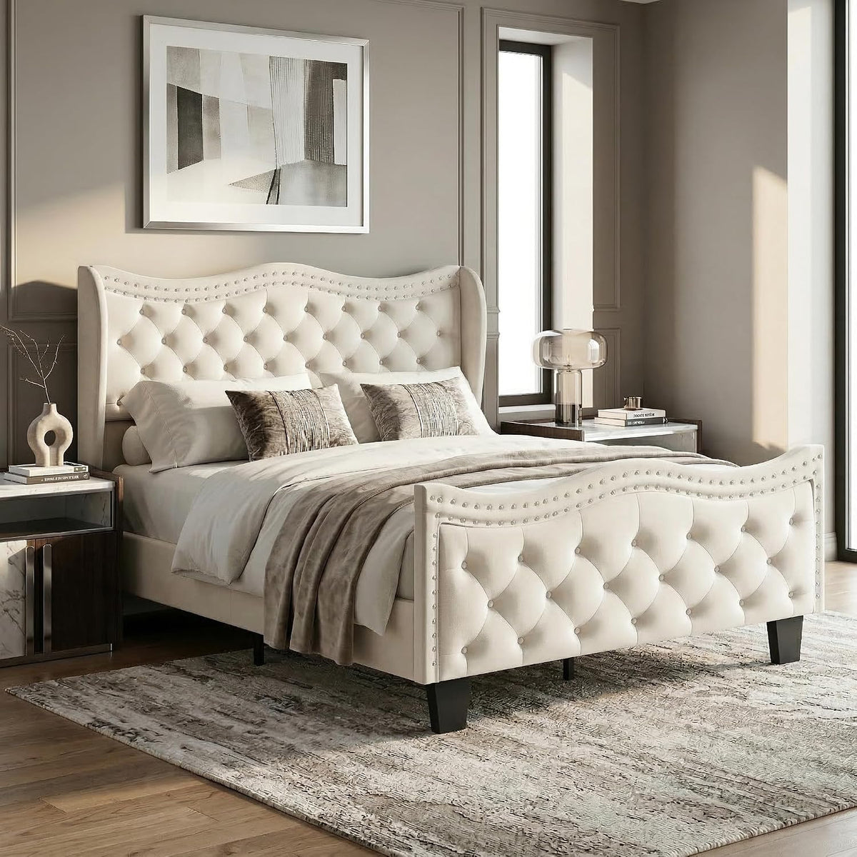 Queen Upholstered Bed Frame, 50-Inch Wingback Headboard, Cream White