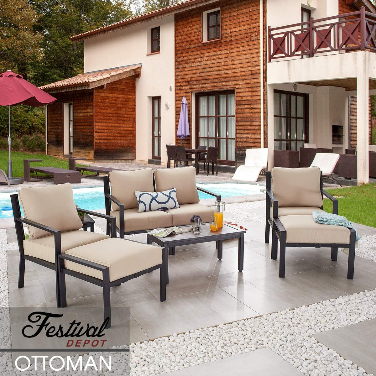 Festival Depot Dining Outdoor Patio Bistro Furniture Ottoman Footstool with Slatted Steel Frame Legs with Embed Premium Fabric Soft & Comfortable 4.3" Cushion Foot Rest for Garden Yard All-Weather