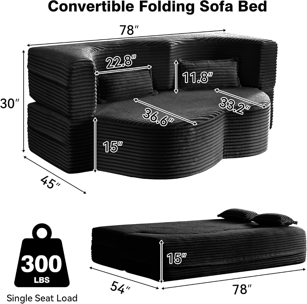 78" Full Size Convertible Futon Sofa Bed, Corduroy Folding Sleeper Sofa Bed with 2 Pillow, Foam Mattress Couch Bed, No Assembly Loveseat Couches for Living Room Apartment, Space‑Saving, Black