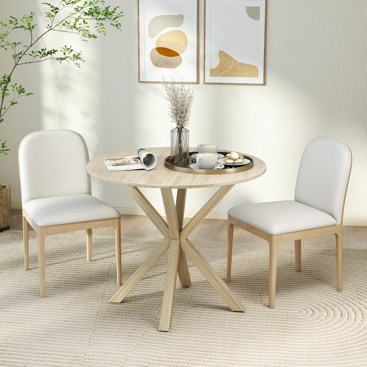 Tangkula 36" Round Dining Table, Mid-Century Modern Kitchen Table with Rubber Wood Legs, Vintage Table with Pedestal Base & Adjustable Foot Pads, Side Table for Home, Office, Bar (Oak)