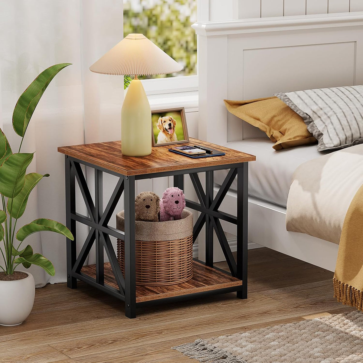 GreenForest Large End Table with X-Shaped Metal Frame for Living Room | Rustic Side Table for Bedroom Office,2-Tier Storage Shelf Nightstand,Scratch-resistant Sofa Table,Walnut,24 inch