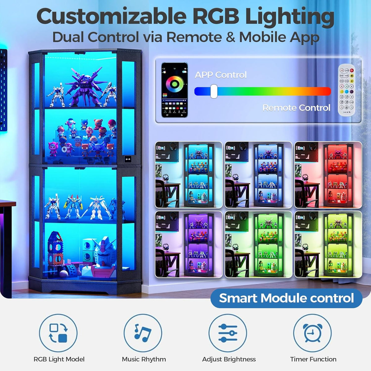 IRONCK 71" Carbon Fiber Corner Glass Display Cabinet, RGB LED Lights with Remote & APP Control, Human Body Sensor, 4-Tier Tempered Glass Display Case with 2 Adjustable Shelves for Collectibles, Black