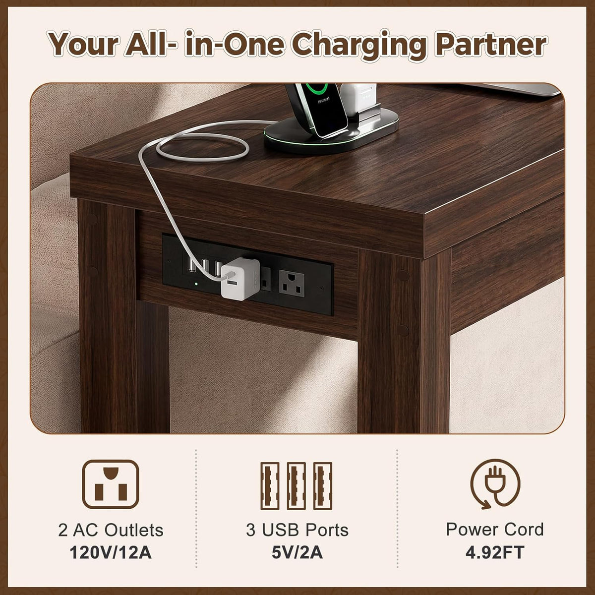 Cyclysio 63" Console Table with Charging Station, 13.8" Deep Farmhouse Sofa Table Behind Couch with 2 AC Outlets & 3 USB Ports, Long Entryway TV Console or Home Office Desk, Black Walnut