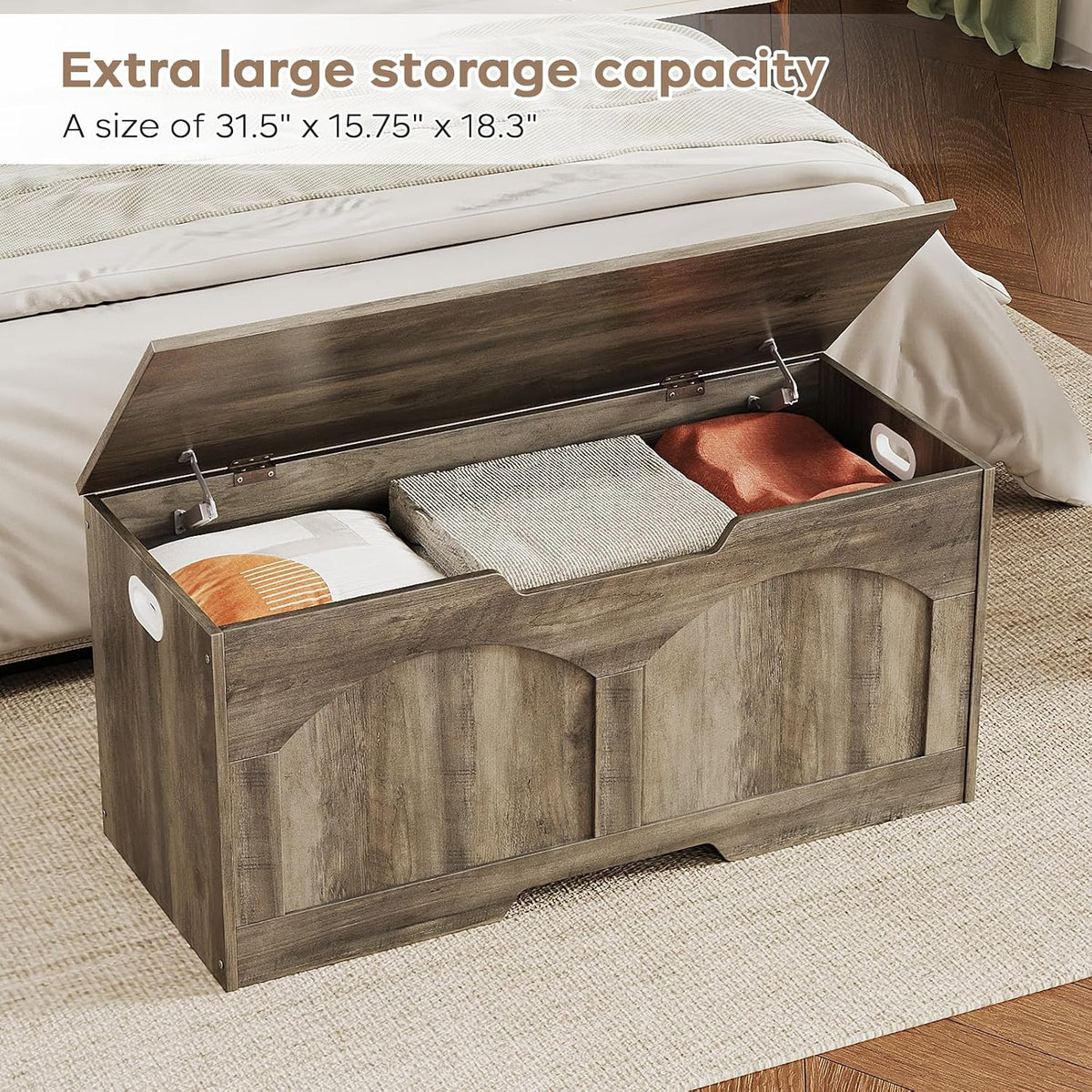 Storage Chest, 31.5" Retro Wooden Storage Trunk Bench with 2 Safety Hinges, Entryway Bench, U-Shaped Opening, Easy Assembly, 31.5" x 15.7" x 18.3" Storage Chest Box Organizer Bench, Light Greige