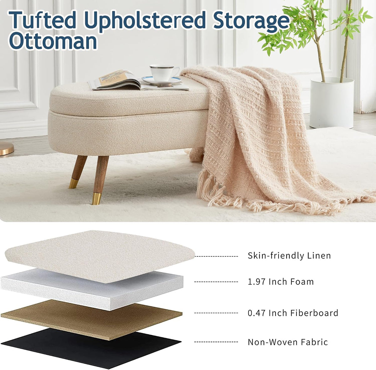 IAFIKE Oval Storage Bench 43.5" Ottoman Bench Upholstered Boucle Fabric Footrest Bench with Golden Metal Legs End of Bed for Bedroom, Living Room, Entryway,Bed Side (Beige)
