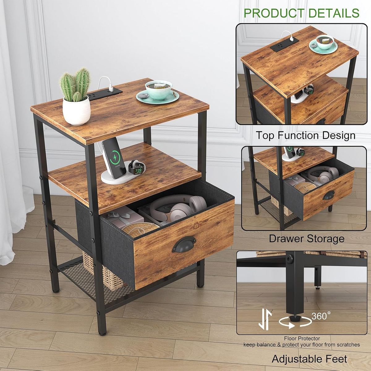 sthmec Nightstands Set of 2, Night Stands with Charging Station and Fabric Drawer, Bedside Tables with Drawers, 2- Tier Side Table with Open Shelf, Nightstands with Charging Station,Rustic Brown