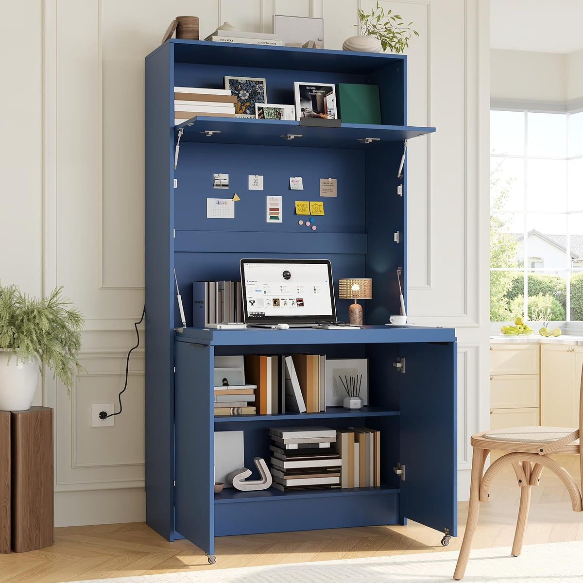 Compact Kitchen Pantry,69''H Buffet with Hutch and Foldable Workstation,Storage Cupboard with Adjustable Shelf and Power Outlet for Dining, Living Room (Dark Blue-f)