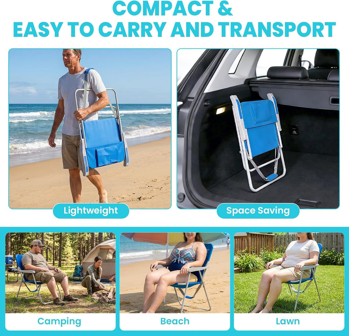 #WEJOY Folding Beach Chair for Adults, Lightweight Beach Chair with Shoulder Straps, High Back Camping Chairs with Hard Armrest, Supports 300lbs for Outdoor Lawn Concert