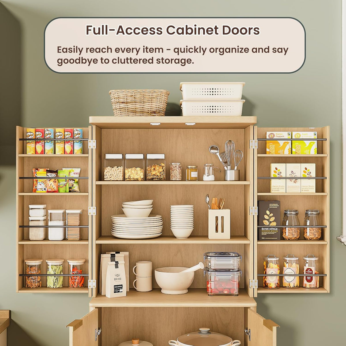 72" Tall Kitchen Pantry Modern Fluted Wood Storage Cabinet with Doors,6 Door Shelves, Organizer, Versatile Cupboard for Kitchen, Dining, Oak,30''W x 15.75''D x 72''H.