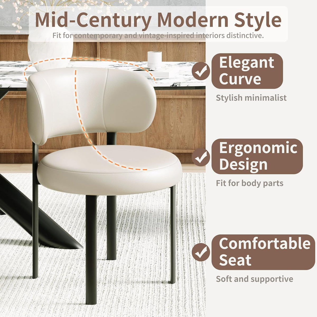 Beige Dining Chairs Set of 2 Leather Dining Chairs with Metal Legs, Spring Support and Curved Back, Round Kitchen Dining Room Chair Mid Century Modern Style for Cafe, Restrauent,Bar (Beige-2)