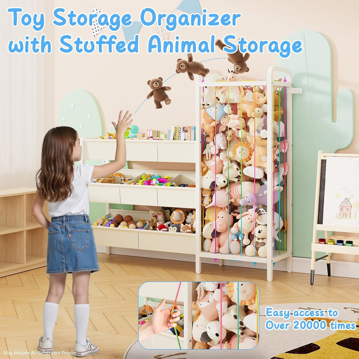 B6 Toy Storage Organizer with Stuffed Animal Storage, White | 3-Tier Wooden Shelves and 8 Bins, Toy Shelf Organizer, Kids Bookshelf and Toy Storage for Kids Room Bedroom Playroom Nursery