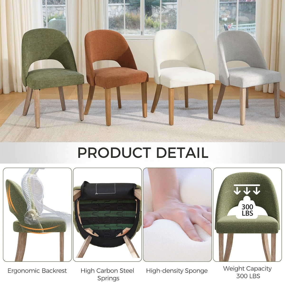 Wooden Dining Chairs Set of 2, Upholstered Modern Chenille Dining Room Chair Kitchen Chairs, Comfy Farmhouse Dinner Chair for Kitchen Dining Room, Green
