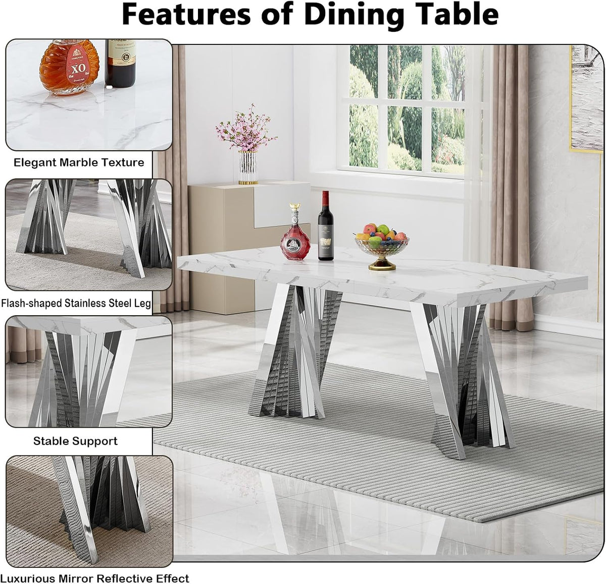 70" Faux Marble White Silver Dining Table for 6, Modern Dining Room Table with 0.71" Marble Printing MDF Top and Flash-Shaped Stainless Steel Base,Rectangular Large Kitchen Dinner Table