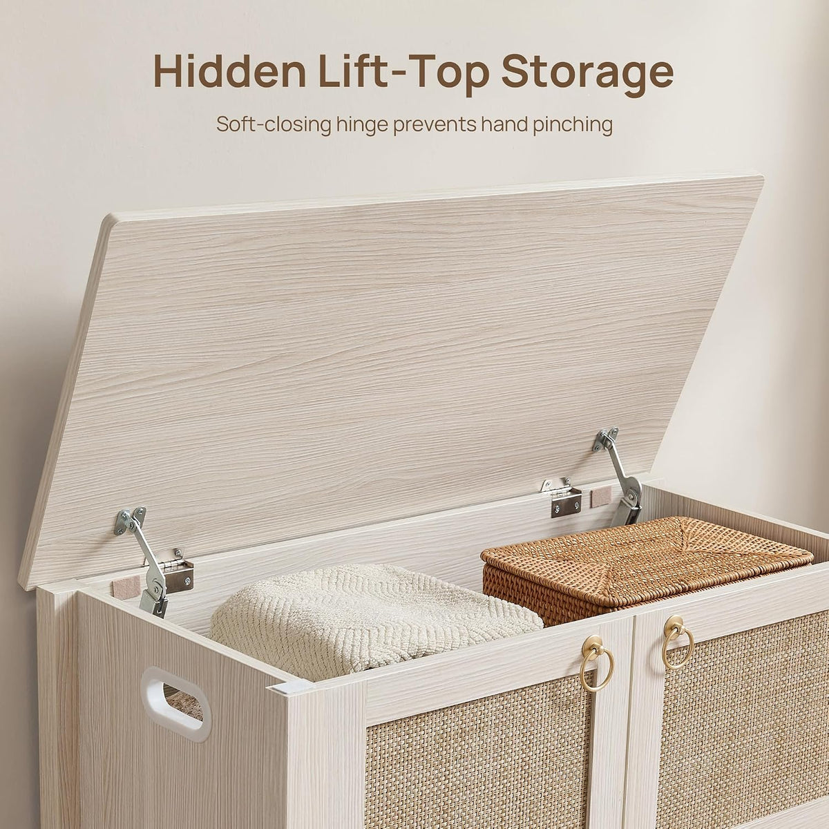 SICOTAS Rattan Shoe Rack Bench with Lift Top Storage: White Farmhouse Boho Shoe Cabinet Entryway Bench with Safety Hinges, Wooden Storage Chest for Bedroom, Entryway, Hallway, Living Room
