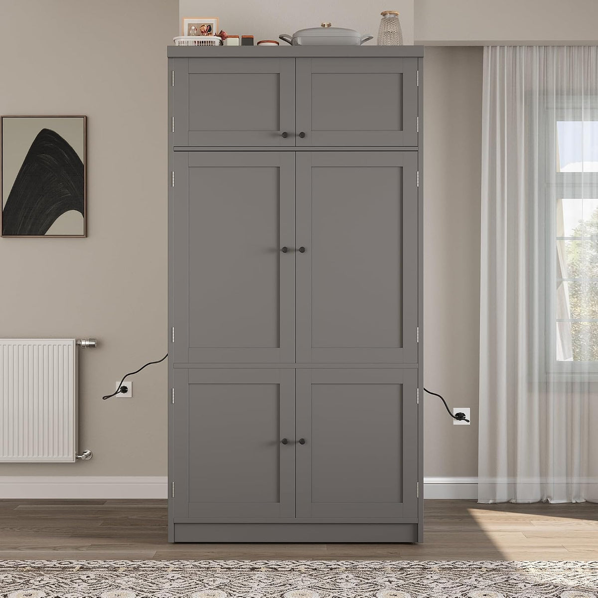 Merax Kitchen Pantry Storage Cabinet, Freestanding Buffet Cabinet with Microwave Stand & 2 Power Outlets,Kitchen Hutch with Door Shelves, Adjustable Shelves,Drawers and Wine Rack, Grey