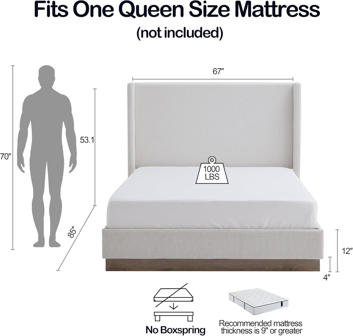 53" Majestic Wingback Bed Frame Queen - Premium Cream White Boucle Upholstered Platform Bed with Gray Oak Wood Base, 1000lbs Heavy Duty, No Box Spring Required（Queen U.S. Standard